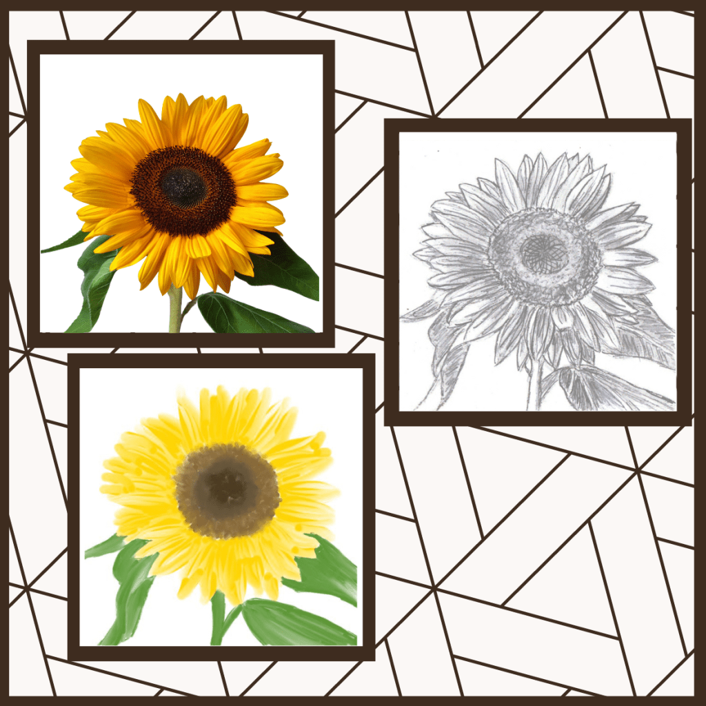 Sonnenblume original, Bleistiftskizze und mit Wassermalfarben