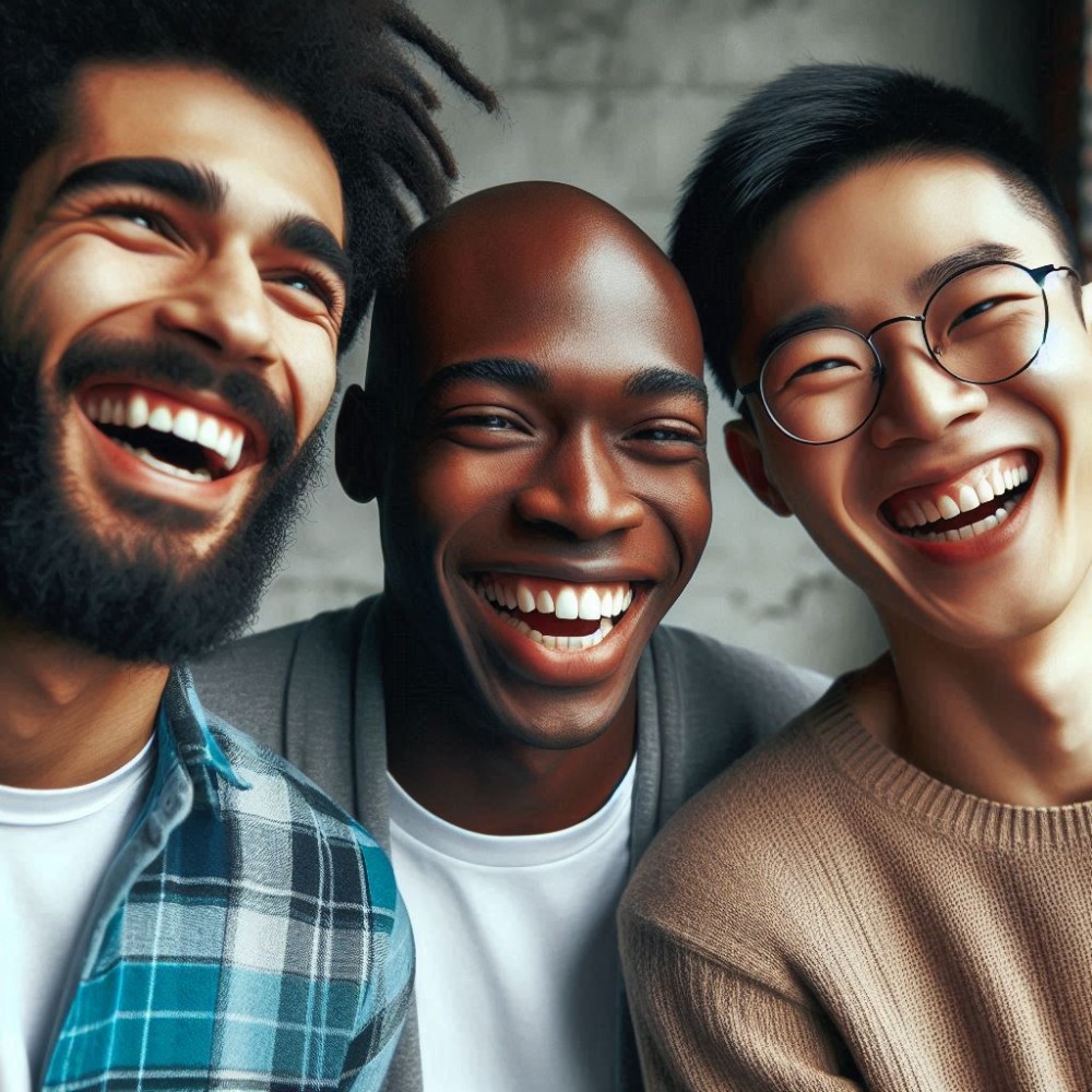 KI generiertes Bild von 3 Männern unterschiedlicher Hautfarbe die gemeinsam lachen