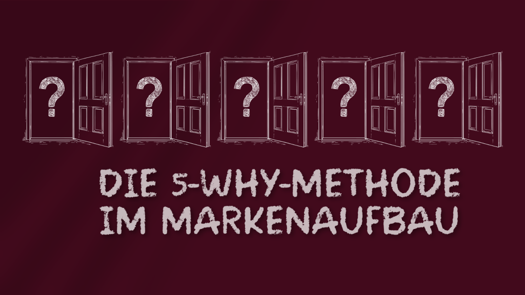 5 offene Türen mit einem Fragezeichen, darunter der Titel des Blogbeitrages Die 5-Why-Methode im Markenaufbau